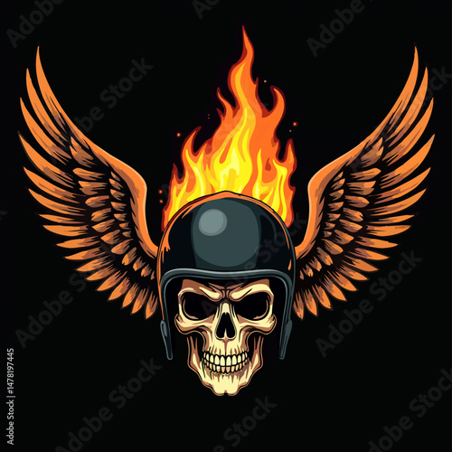 Biker vector t-shirt design with fire human skull,
motorcycle helmet, wings on black background.
Fashionable print for fabric, paper, men clothing,
hoodie, biker jacket. T shirt template.