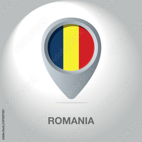 Free Download Vector illustration of the flag of Romania inside the pin icon on the map. Symbolic location marker with national colors of Romania (blue, yellow, red) on a white background. - GFXLoad