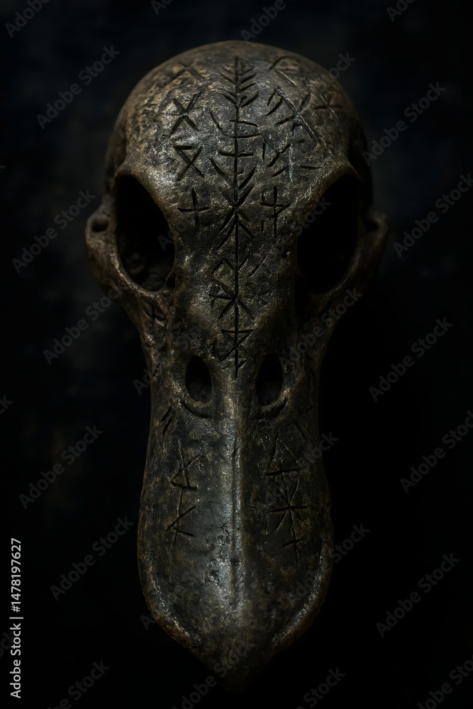 Naklejka premium Ancient Ritual Bird Skull with Mysterious Runes Carved on Weathered Bone in Dramatic Low Light