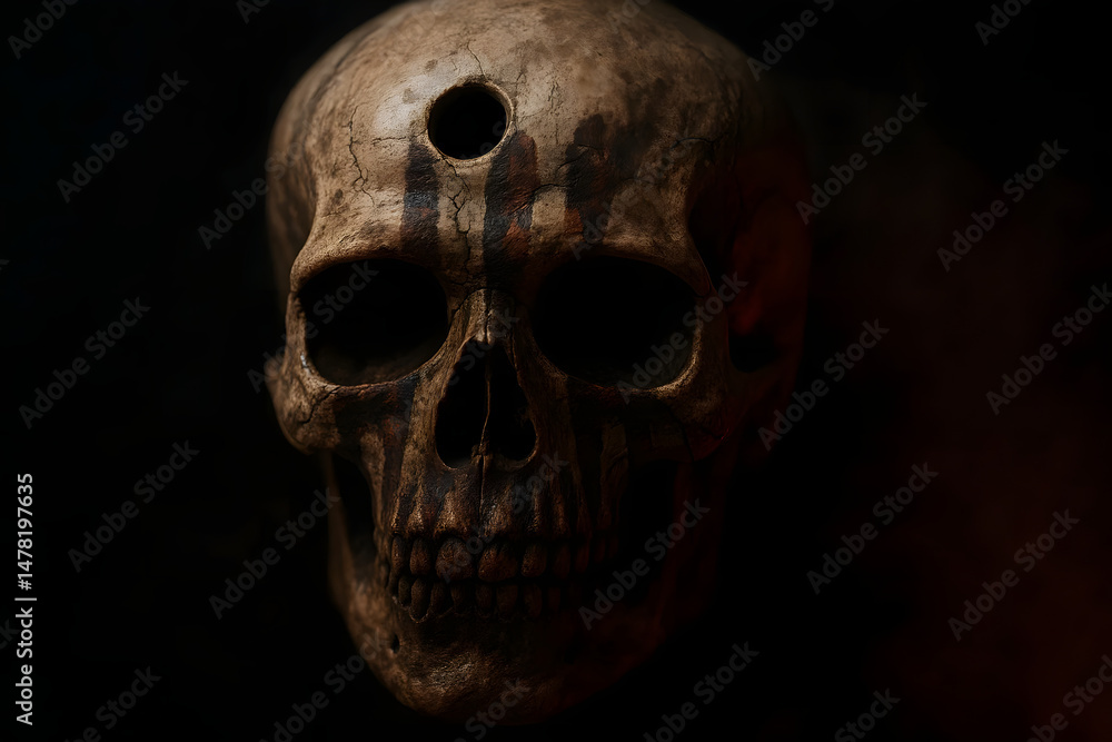 Obraz premium Human Skull with Ritual Hole and Blood-Stained Markings Evoking Dark Magic and Occult Practices