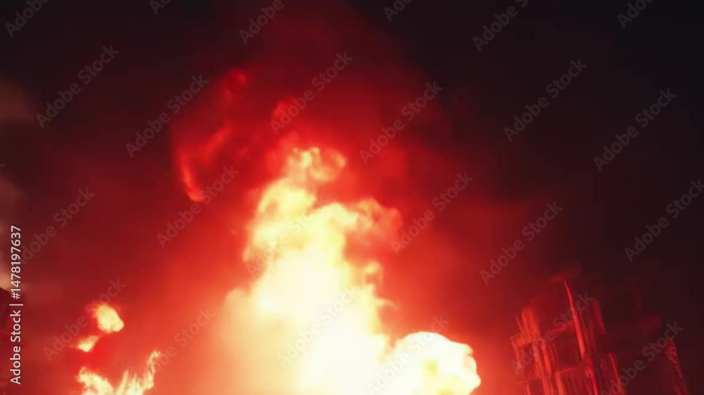 Silhouetted Protesters Marching Toward Towering Flames Amid Urban Chaos with Red Flags and Riot Gear