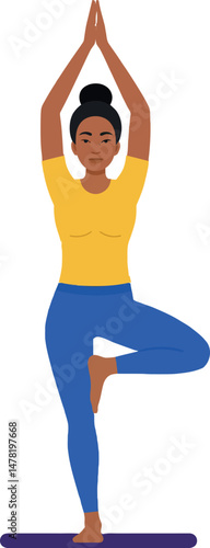 Woman practicing tree yoga pose in bright casual clothes vector illustration 