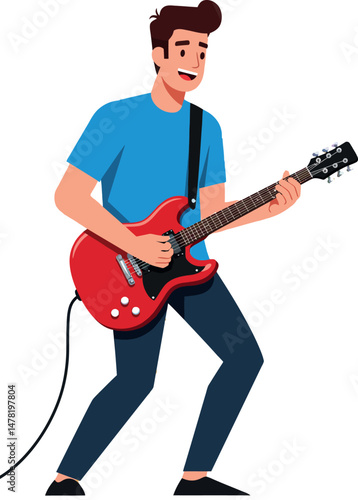Young man playing red electric guitar in blue shirt and dark pants vector illustration 