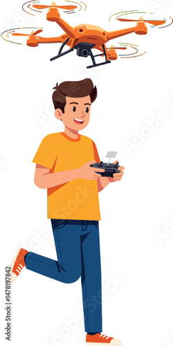 Boy flying orange quadcopter drone remote control technology illustration vector 