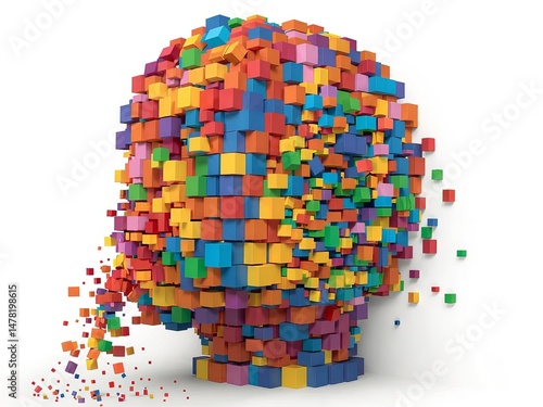 A head shape formed from many colorful cubes against a white background with some cubes falling away