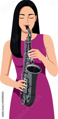 Woman playing saxophone in purple dress vector illustration for music and leisure activities 