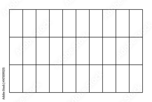 Simple Blank Grid Chart with 3 Rows and 10 Columns on White Background for Planning, Scheduling or Educational Use. 30 cells grid for month planning