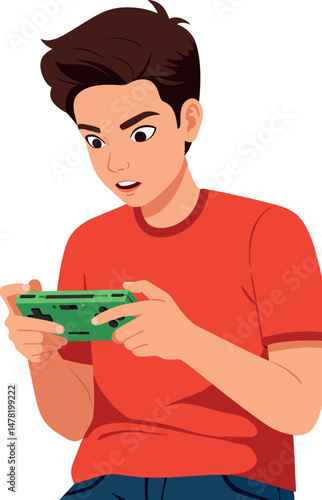 Boy playing video game with green console focused expression casual clothing vector illustration 