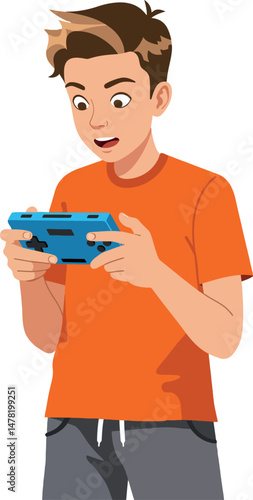 Boy Playing Video Game with Blue Console Wearing Orange Shirt and Gray Pants Vector Illustration 