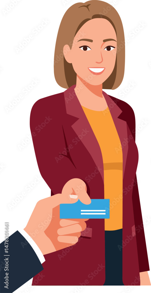 Businesswoman receiving credit card from customer in office environment vector illustration Businesswoman receiving credit card from customer in office environment vector illustration