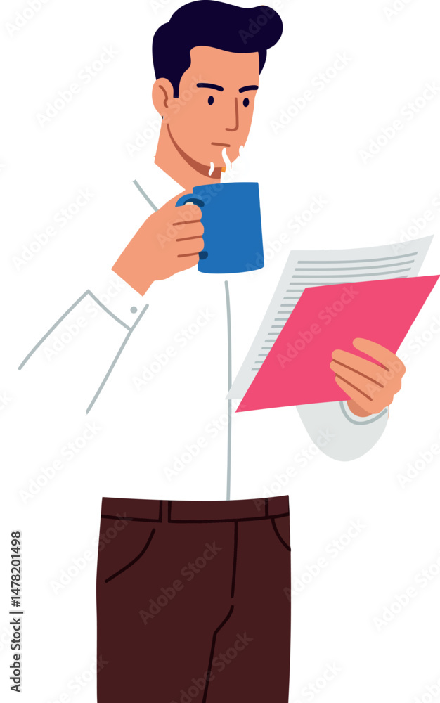 Man drinking coffee while reading document holding blue cup vector illustration Man drinking coffee while reading document holding blue cup vector illustration