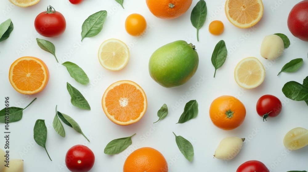 Flat lay of colorful fruits and vegetables with green leaves on white background. Flat lay of colorful fruits and vegetables with green leaves on white background.