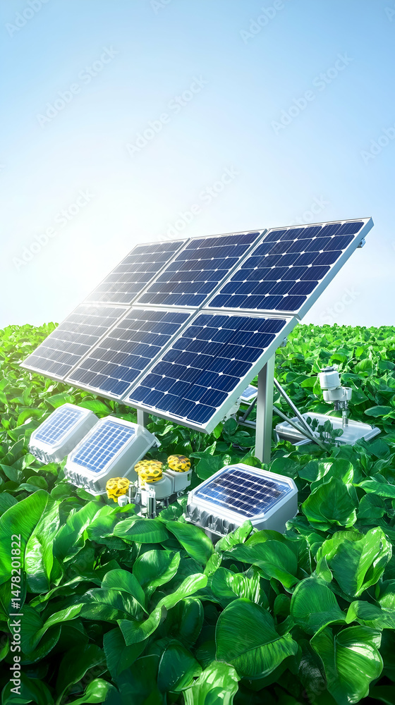Fototapeta premium Solar panels mounted on a farm stand amidst lush greenery