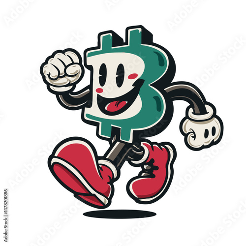 vintage retro style Bitcoin cartoon mascot character with expressive faces and gestures