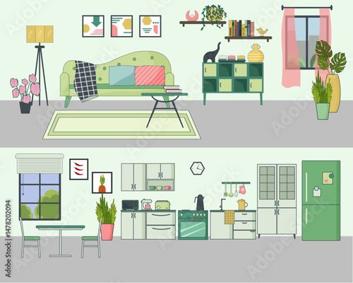 Furnished apartment. Interior view of furnished apartment. Sectional plan in section. Living room and kitchen. Living room furniture - sofa, table, cabinet and household items. Kitchen set, stove