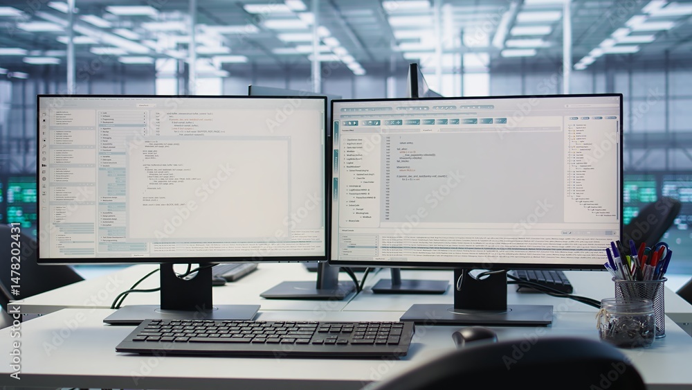 Fototapeta premium PC displays in data center providing computing resources for artificial intelligence processing massive datasets for training. Close up of code lines on computer in server room for machine learning