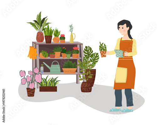 A stand with shelves for plants. Home garden. Plants and flowers on the shelves, various personal items. Watering can and jug for water. Sprayer. Gardening apron. Vector illustration