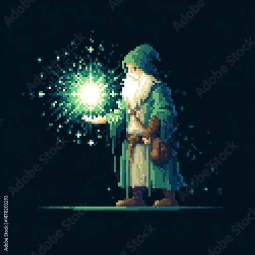 Pixelated wizard casting a green radiant spell in a dark pixel art environment