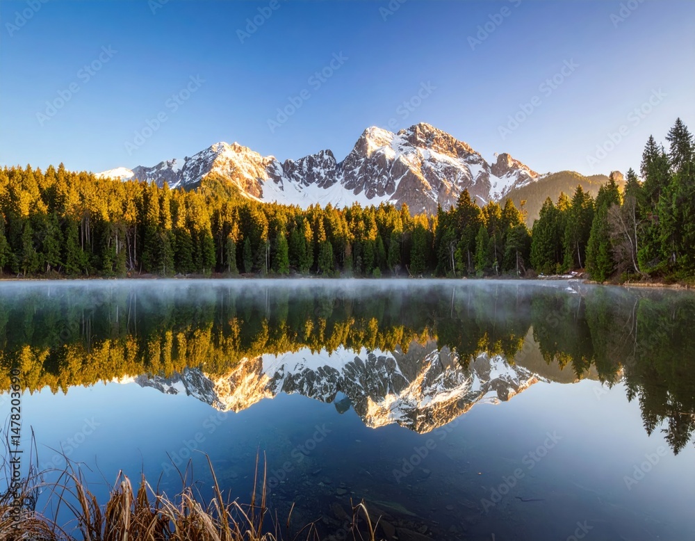Fototapeta premium Serene lake reflecting snow-capped mountains
