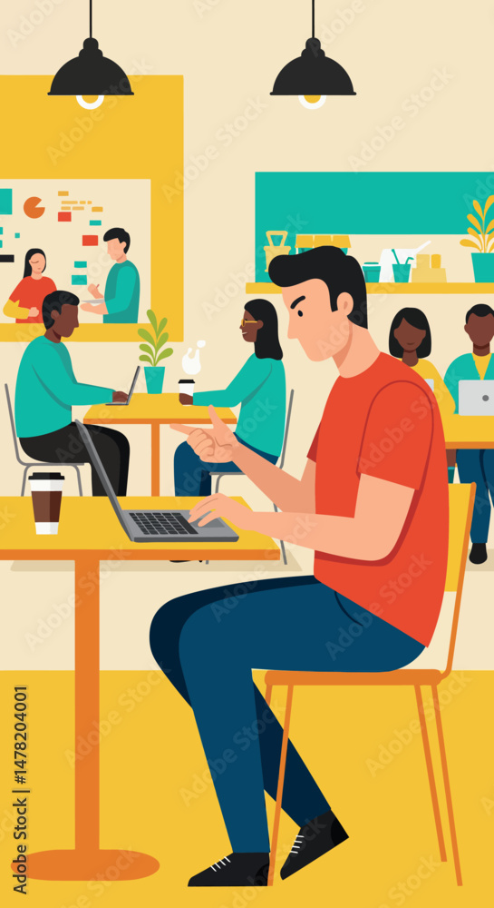 Fototapeta premium Young man using smartphone in modern coffee shop with diverse people socializing vector