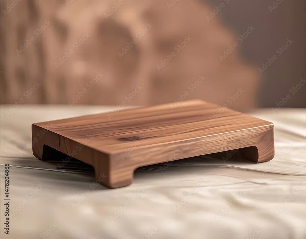 Studio Shot of a Small Decorative Wooden Block on White Marble Surface with Brown Background Studio Shot of a Small Decorative Wooden Block on White Marble Surface with Brown Background