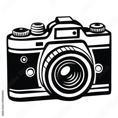 DSLR Camera Top View Vector Drawing, Simple silhouette Design vector icon with white background
