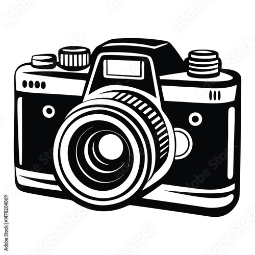 DSLR Camera Top View Vector Drawing, Simple silhouette Design vector icon with white background