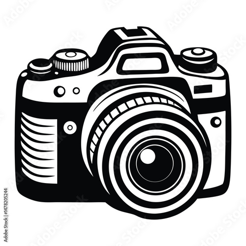 DSLR Camera Top View Vector Drawing, Simple silhouette Design vector icon with white background