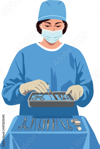 Surgeon in blue scrubs organizing surgical instruments for operation preparation vector illustration 