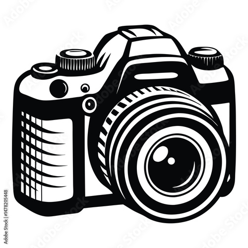 DSLR Camera Top View Vector Drawing, Simple silhouette Design vector icon with white background