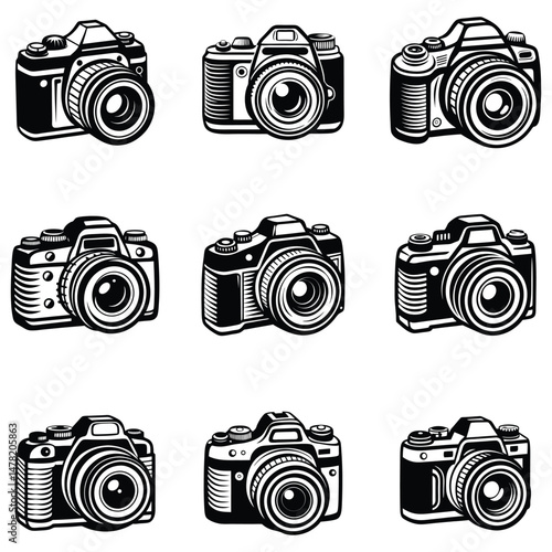 DSLR Camera Top View Vector Drawing, Simple silhouette Design vector icon with white background