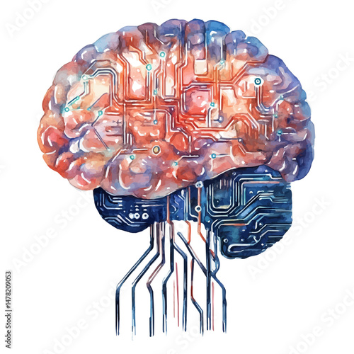 watercolor of AI Brain Chip, isolated on a white background.