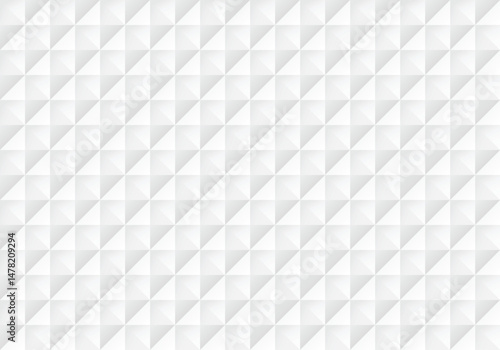 Seamless 3D wall pattern on white background in horizontal pyramid style, square or diamond shape, with light and shadow dimensions for wallpaper or backdrop design.