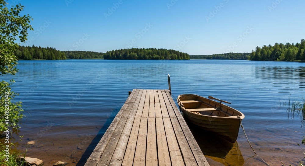 Fototapeta premium Wooden Pier and Boat on Calm Blue Lake Summer Day