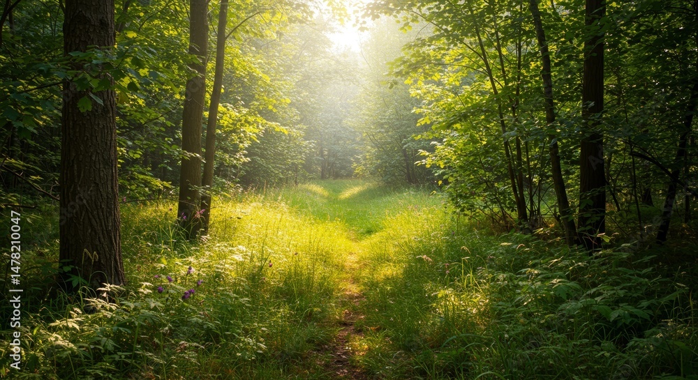 Obraz premium Sunbeams Through Trees in Lush Green Forest Morning