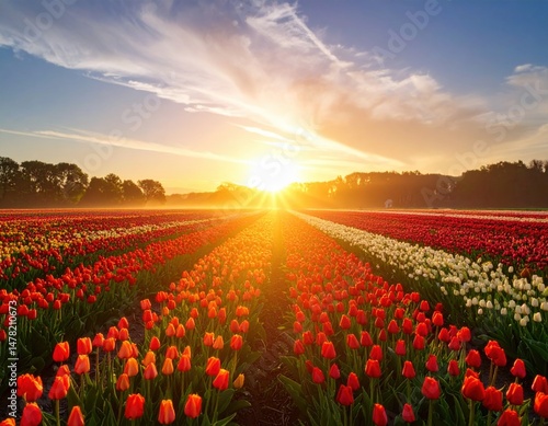 Sunrise over a field of blooming tulips