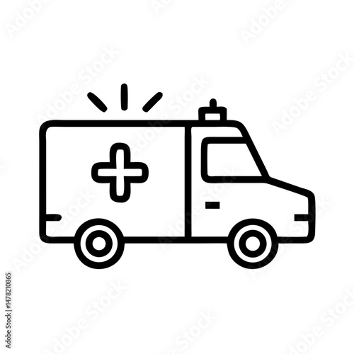 Ambulance icon, minimalist style, black and white, representing emergency services, copy space