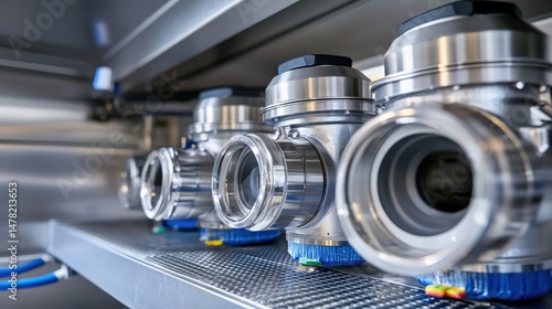 Close up of metal valves on industrial equipment with high quality finish