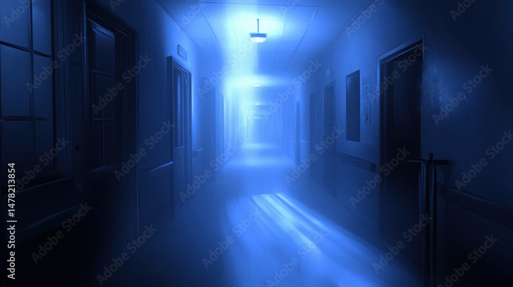 Mysterious Dark Hallway with Blue Light and Fog in Abandoned Building Mysterious Dark Hallway with Blue Light and Fog in Abandoned Building