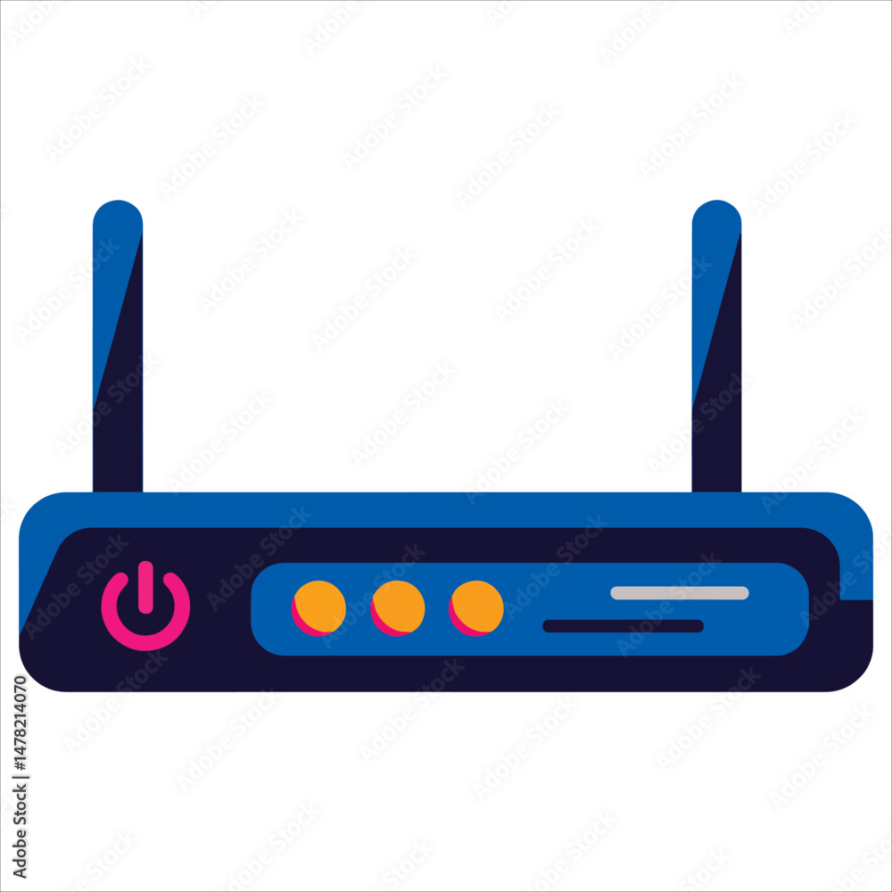 Obraz premium Router with Wi-Fi equipment featuring a power button.Modern IT device with two antennas and glowing indicators. Ideal for technology, internet provider themes, and flat style isolated vector icons.