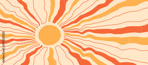 Sun retro background, summer burst pattern, groovy wave ray sunshine, abstract sun beam line art, radial funny power. Solar cute frame, stripes bg outline and flat design. Vector illustration