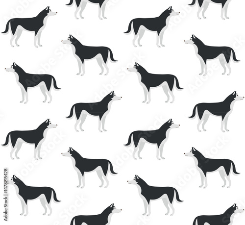 Vector seamless pattern of flat hand drawn husky dog isolated on white background