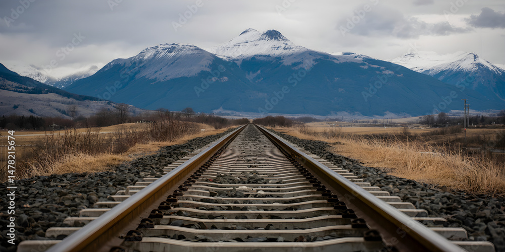 Fototapeta premium Dramatic Railroad Tracks Leading Toward Snow-Capped Mountain Under Moody Sky