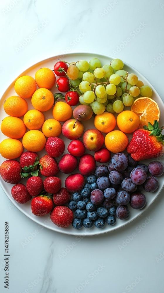 Colorful array of fresh fruits arranged in a rainbow pattern on a round plate Colorful array of fresh fruits arranged in a rainbow pattern on a round plate