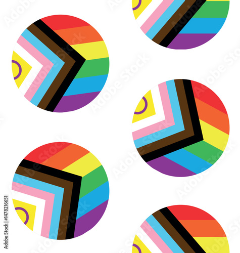 Vector seamless pattern of flat new round lgbtqia flag isolated on white background
