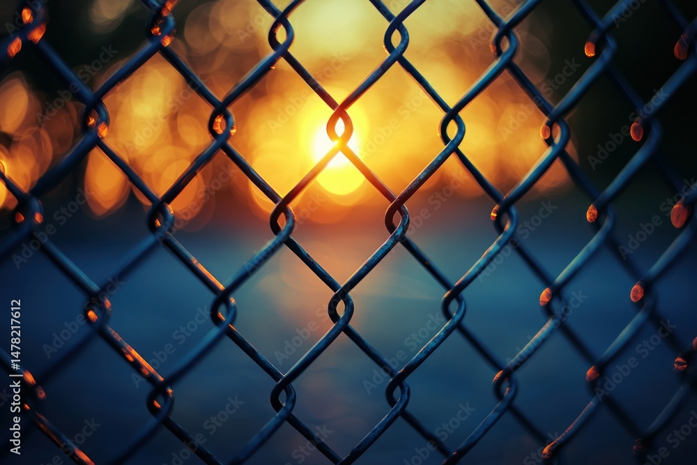 Fototapeta premium Chain-link fence at sunset with bright bokeh background