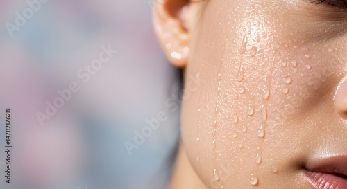 A close-up of a person's face, showcasing glistening droplets of water running down the skin.