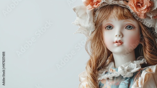 Elegant porcelain doll with a floral bonnet and enchanting blue eyes