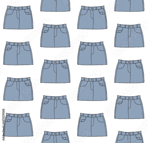 Vector seamless pattern of hand drawn sketch doodle colored jeans skirt isolated on white background