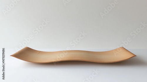 A curved piece of wood sits on a white surface with a simple backdrop